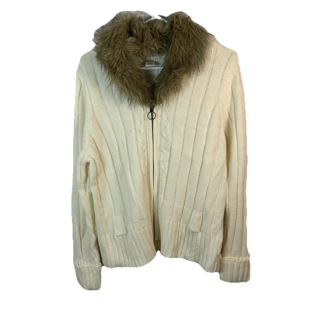 St. John’s Bay Cream Zip Front Sweater Cardigan Faux Fur Collar Women XL NO BELT